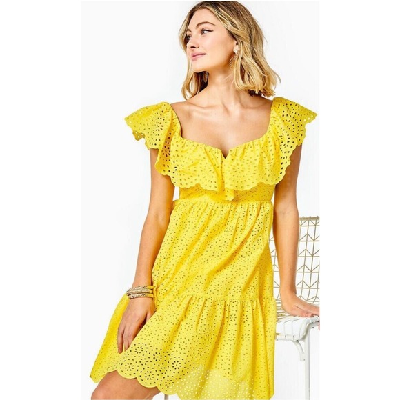 Lilly Pulitzer‎ Resort Yellow Daisy Dreams Eyelet Asteria Dress Size 14
